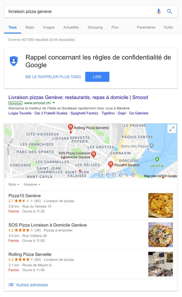 Résultats d'une recherche locale sur Google.